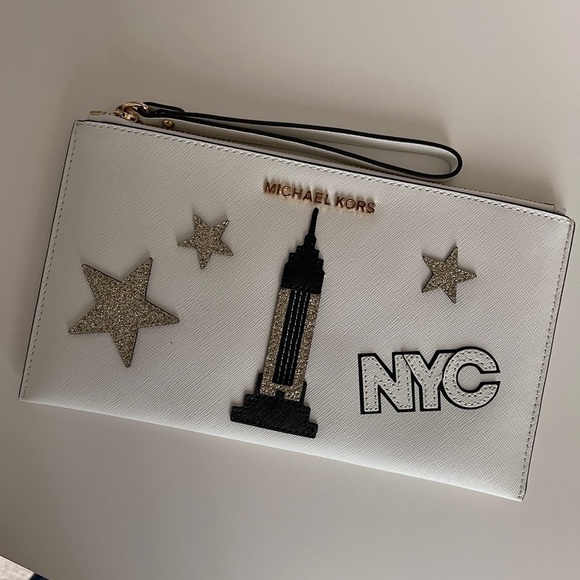 Michael Kors Handbags - Michael Kors Gold and White Clutch